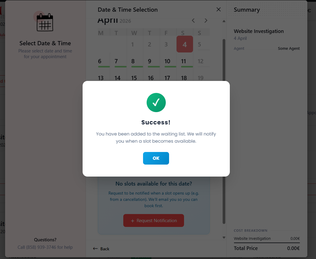 Notify user about the success of the waiting list enroll.